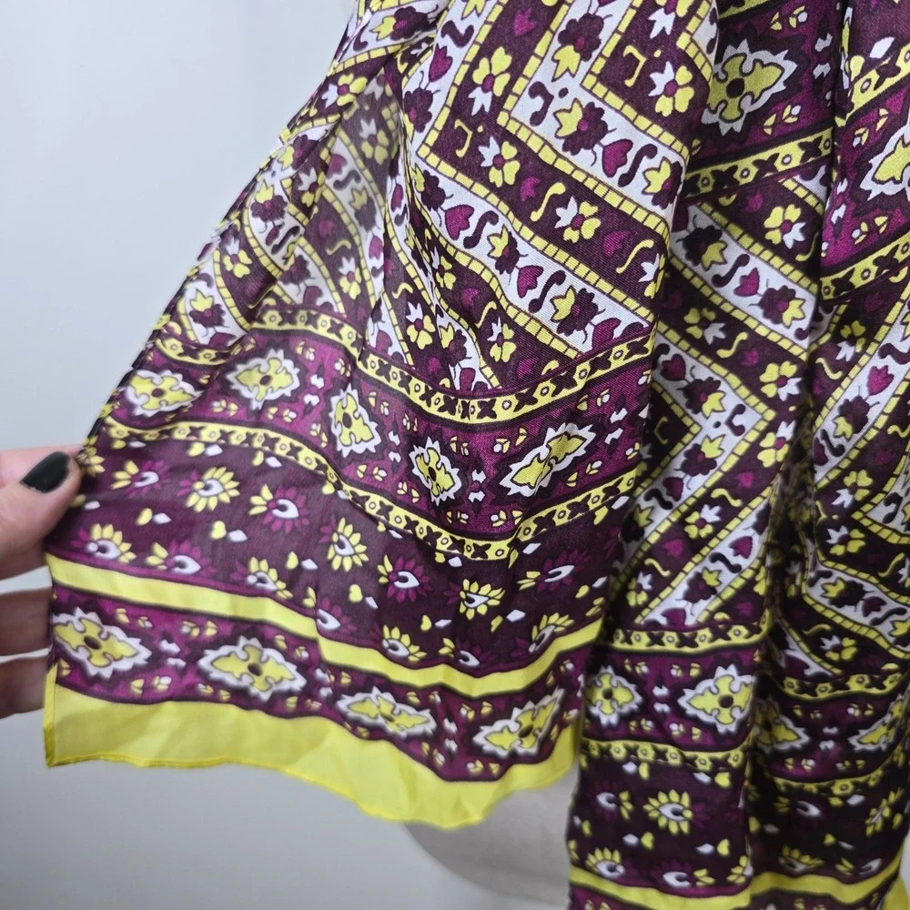 Vince Camuto 100% Silk Scarf Purple Yellow Geometric Floral Medallion Rectangle